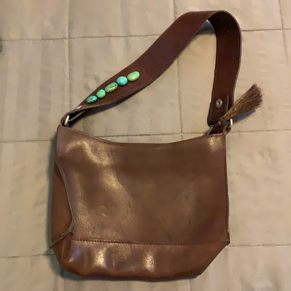 Brown leather purse with real turquoise stones on strap. 💕